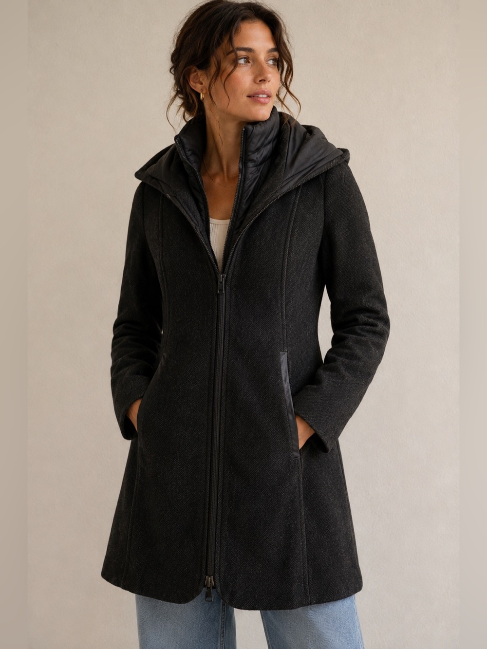 Soia & Kyo Black Wool Blend Coat XS/TP Hooded Zip Belted Long Jacket